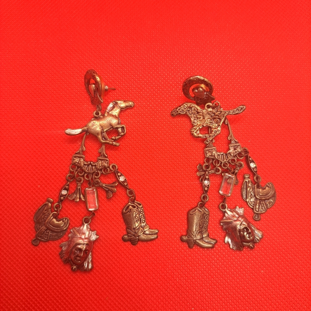 Vintage Wild West Cowboy Riding Buffalo Charms Fun Dangle Post Earrings